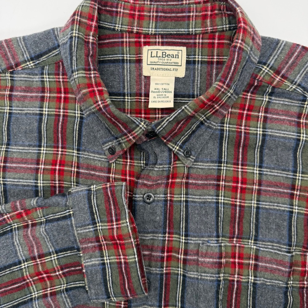 L.L. Bean Flannel Shirt Mens XXL-Tall Grey Red Plaid Traditional Fit 228066